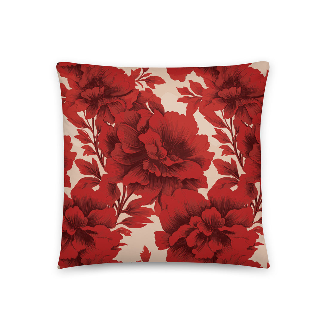 Pillow with bold crimson peony floral design on a soft beige background