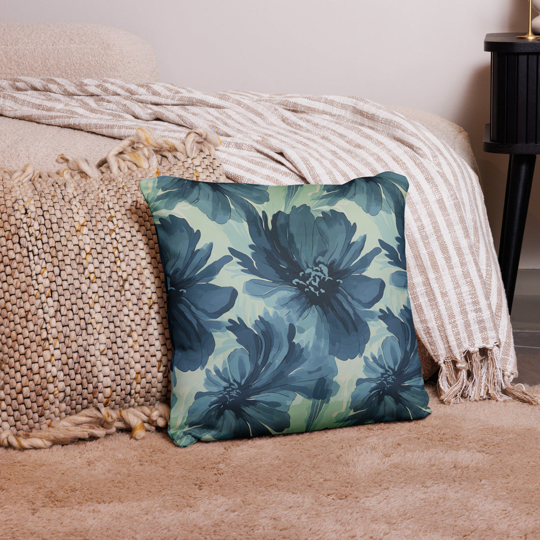 Luxurious pillow featuring an azure blue peony floral design with a soft knitted texture, perfect for winter decor.