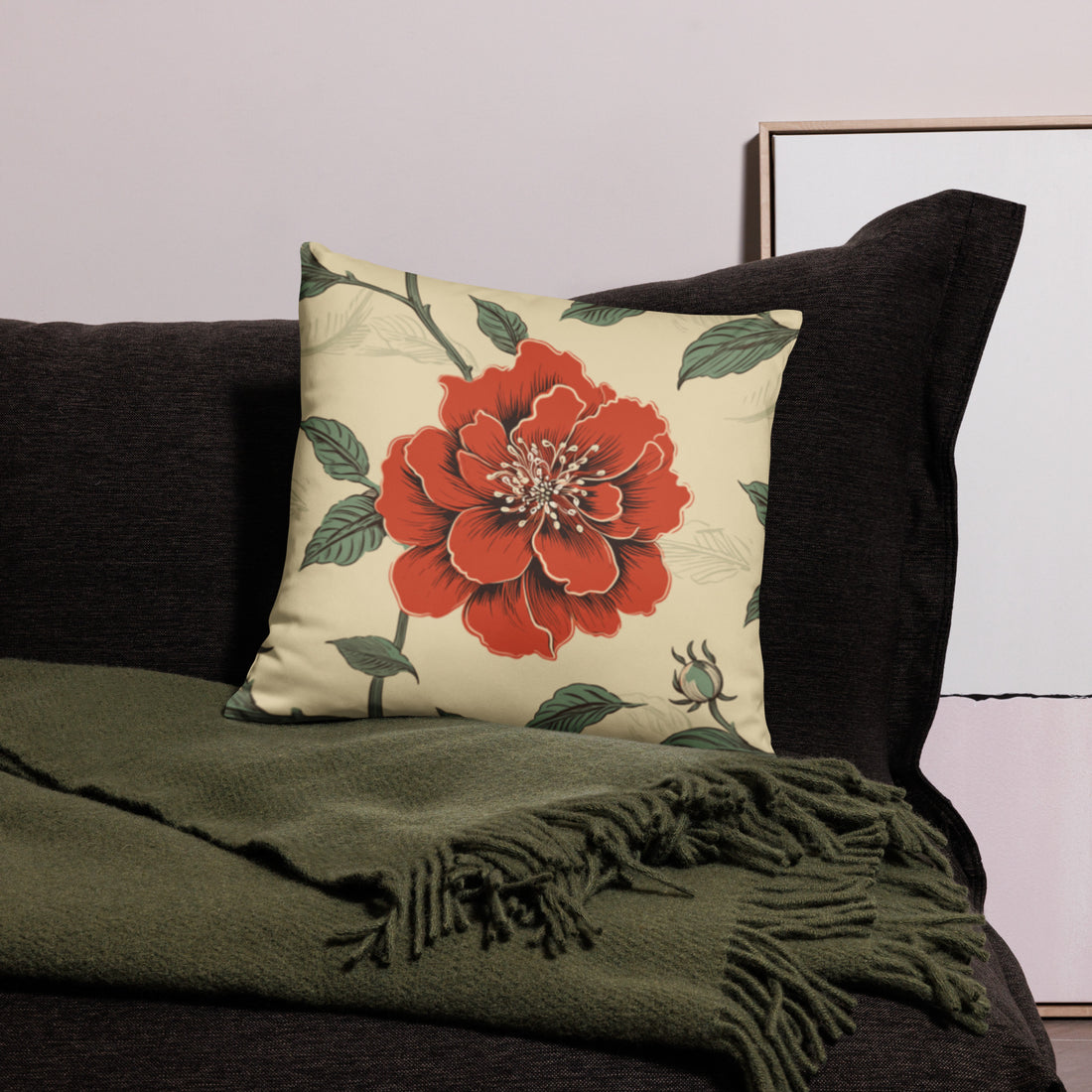 A stylish beige pillow featuring a bold coral floral design, perfect for holiday and winter home decor.