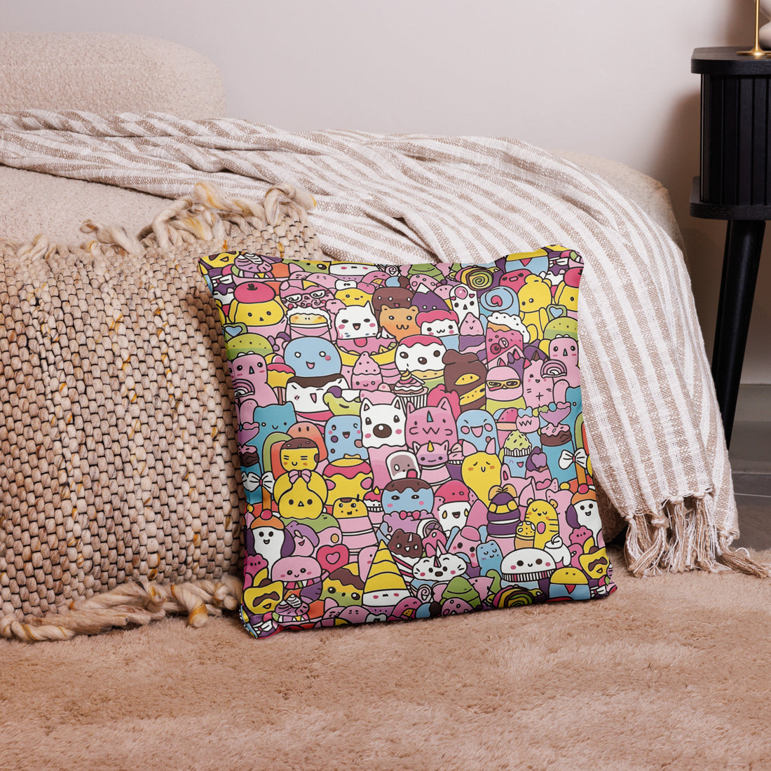 Cute Kawaii Characters Holiday Pillow with vibrant and adorable design, featuring cheerful and colorful cartoon characters on a cozy couch.