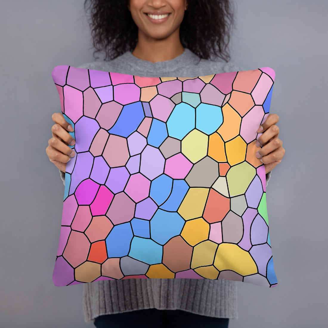 Colorful mosaic pattern accent pillow in vibrant pastel colors