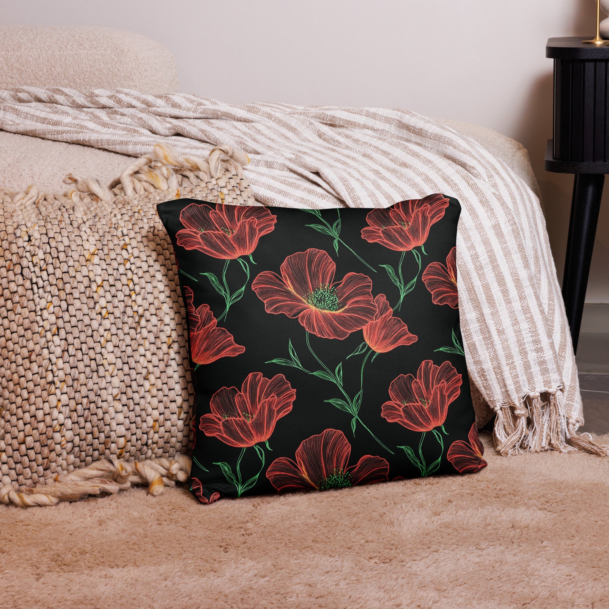 Floral Coral Poppy Accent Pillow with vibrant red poppies on a black background, enhancing winter decor.