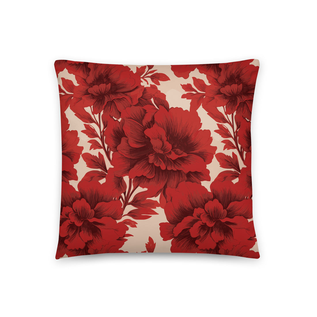 Pillow with bold crimson peony floral design on a soft beige background