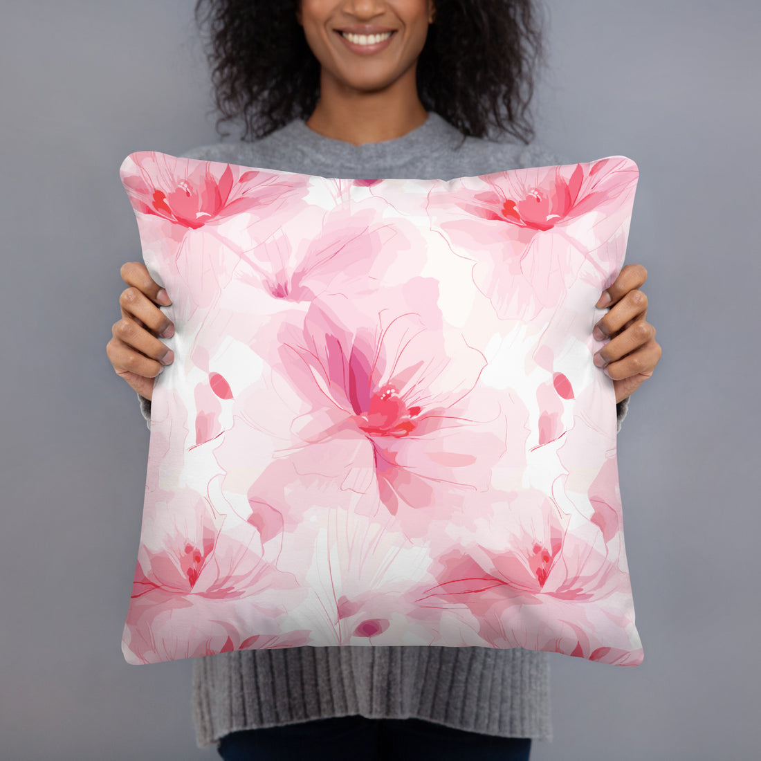 Pillow with pink floral design featuring soft hues and intricate floral patterns promoting winter elegance.