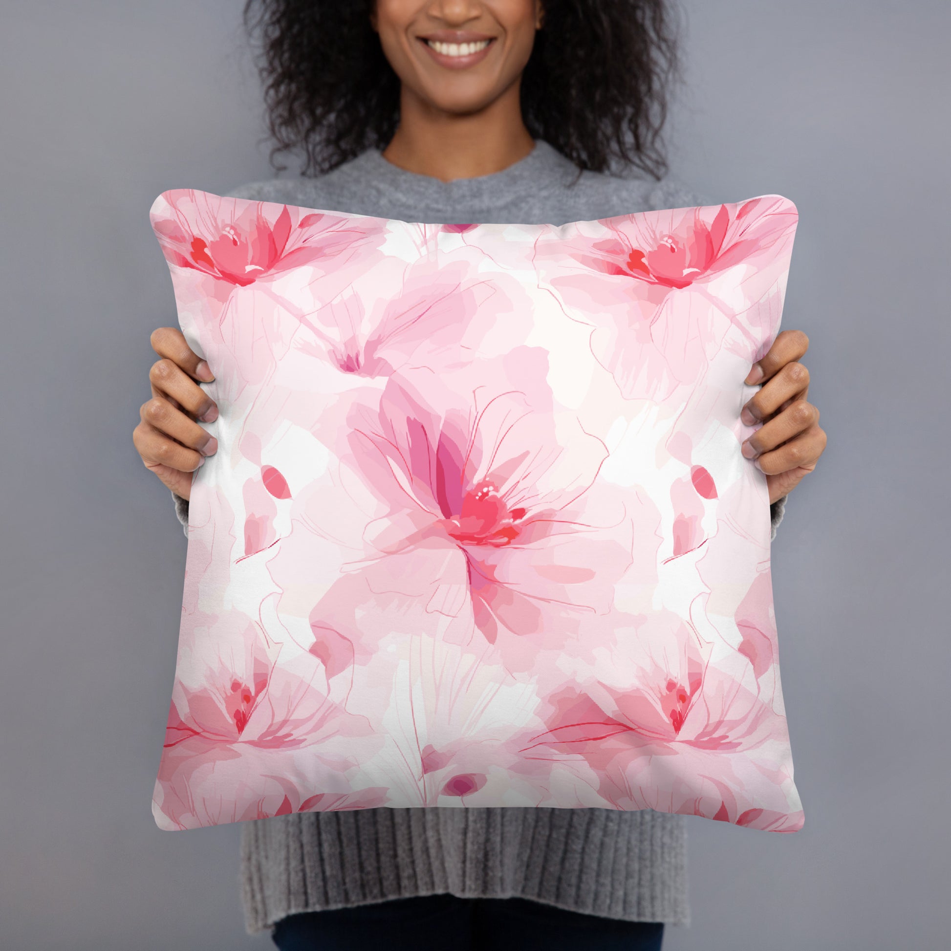 Pillow with pink floral design featuring soft hues and intricate floral patterns promoting winter elegance.