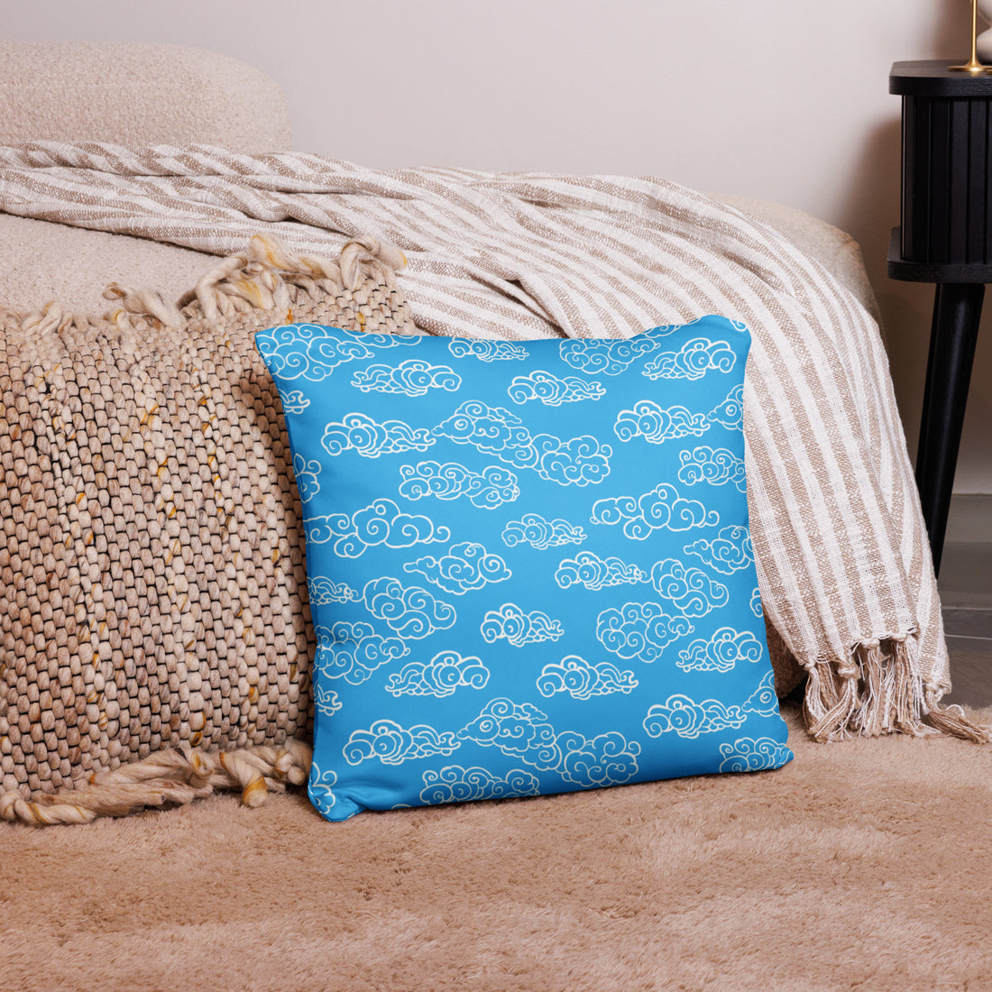 Sky Blue Knitted Pillow with Elegant White Clouds Pattern, Comfortable and Decorative