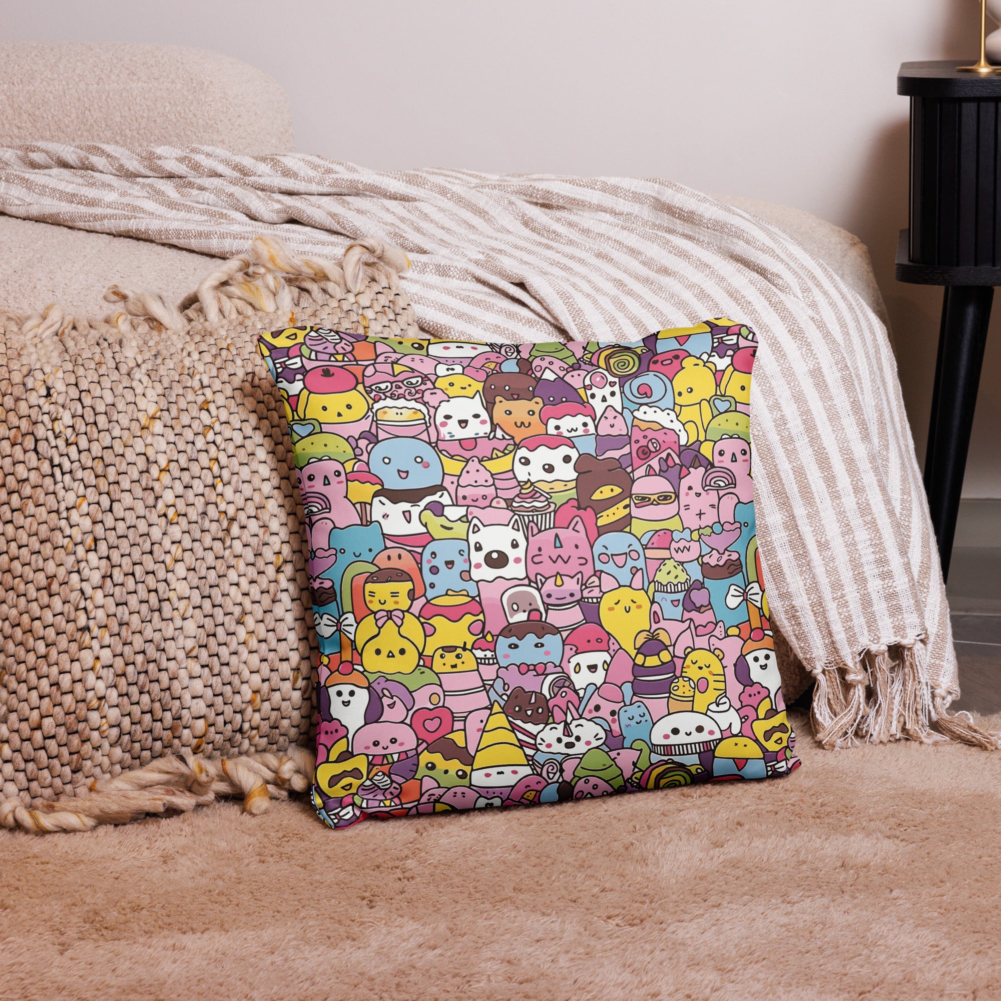 Cute Kawaii Characters Holiday Pillow with vibrant and adorable design, featuring cheerful and colorful cartoon characters on a cozy couch.