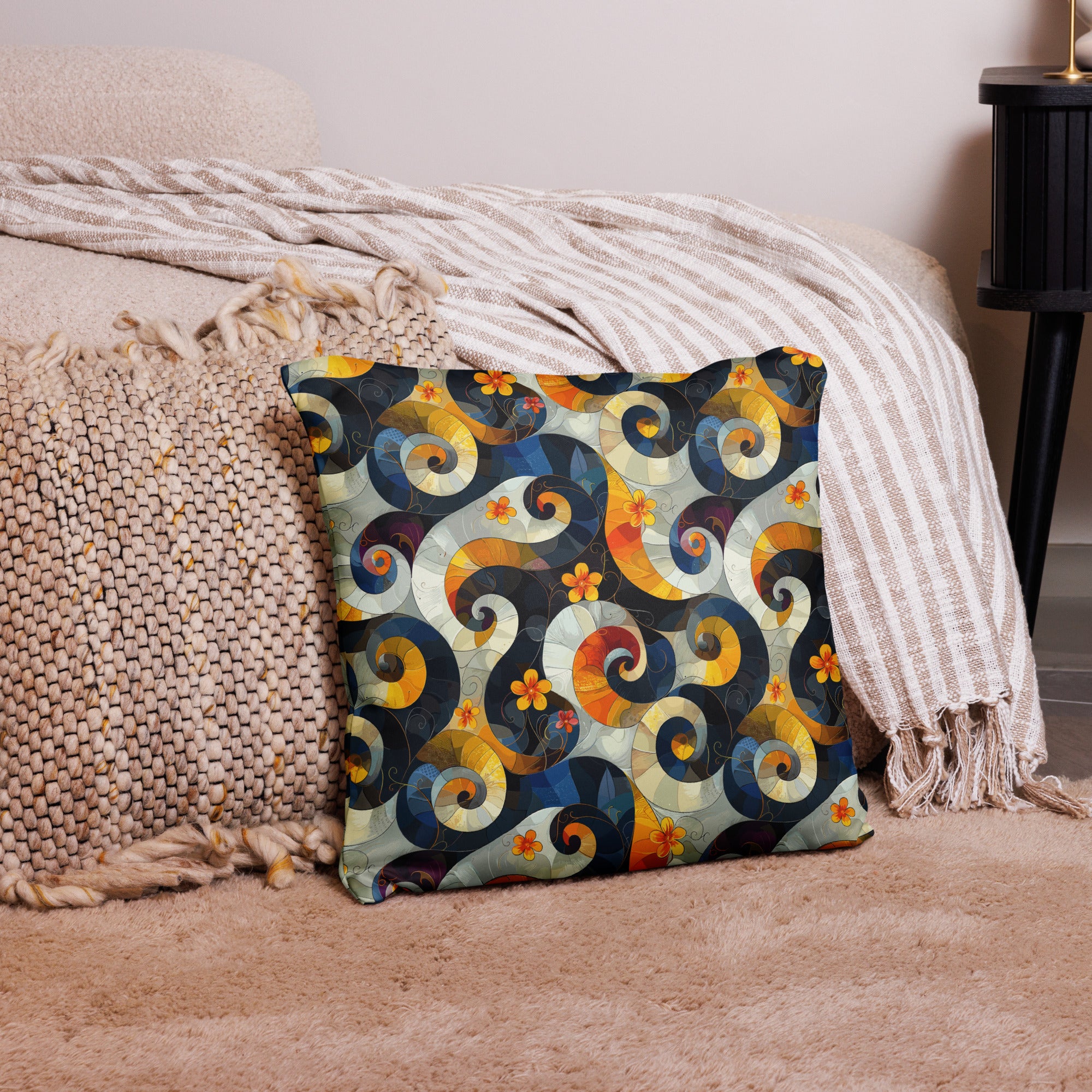 Vibrant autumn mosaic accent pillow with swirling, floral patterns in warm shades on a cozy setting.