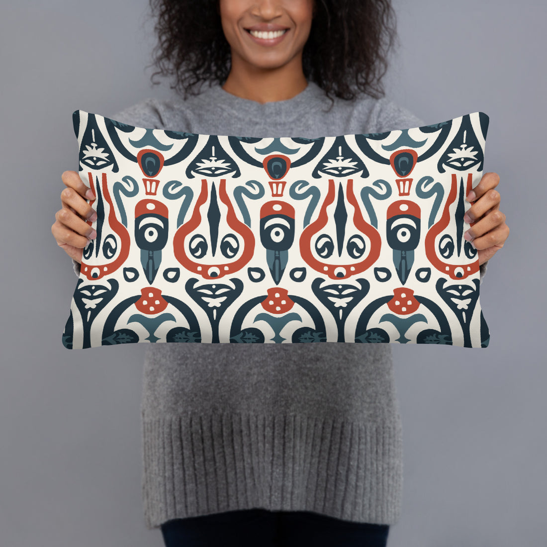 Pillow featuring Nordic owl pattern with navy and rust colors, knitted design