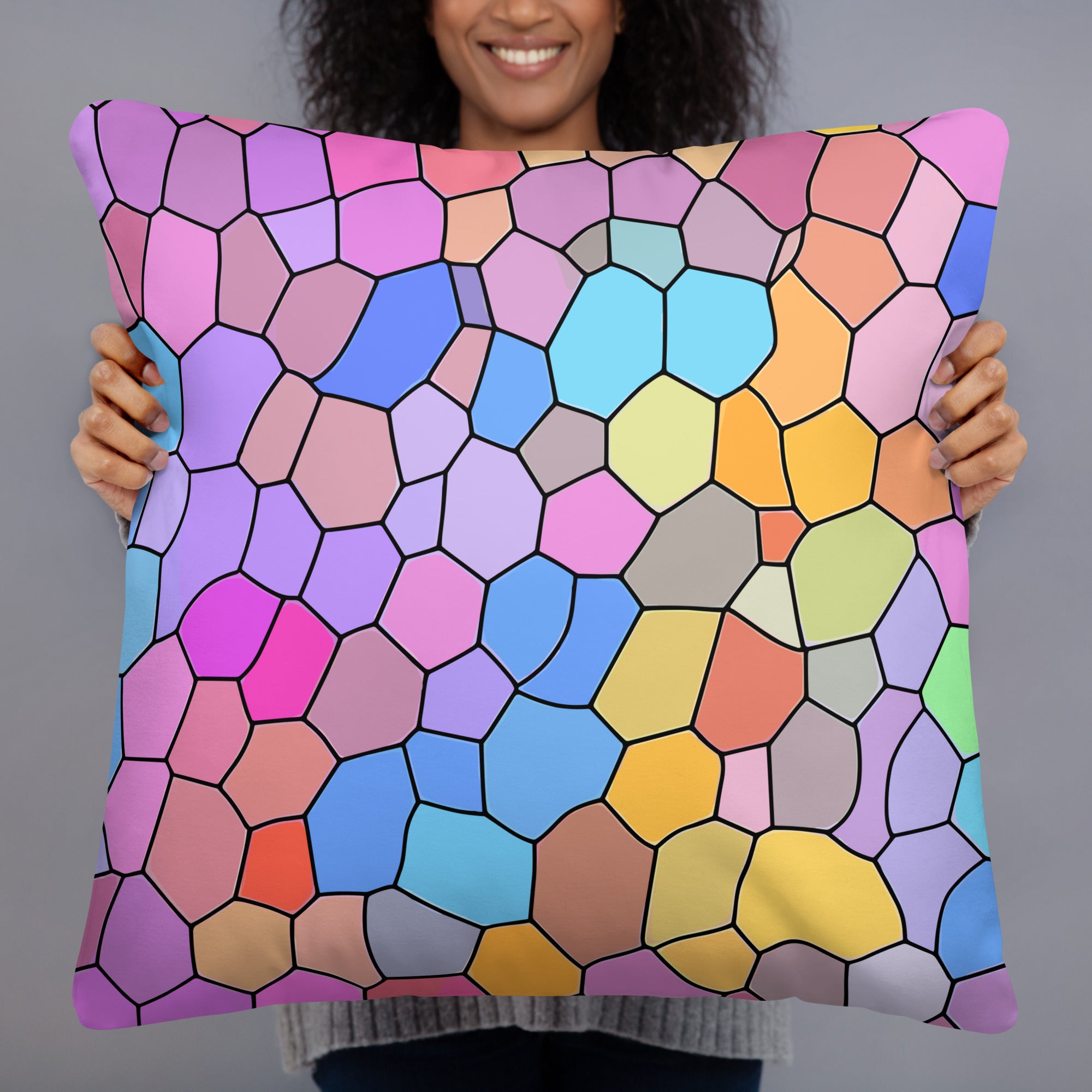 Colorful mosaic pattern accent pillow in vibrant pastel colors