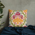 Bohemian floral decorative pillow with vibrant colors on a bed