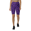 High-waisted purple zebra print biker shorts with a flattering cut, featuring a double-layered waistband and stylish design.