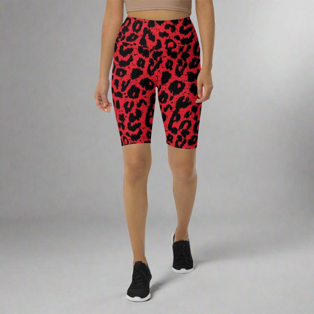 Bold red leopard print biker shorts with high waistband and back pocket