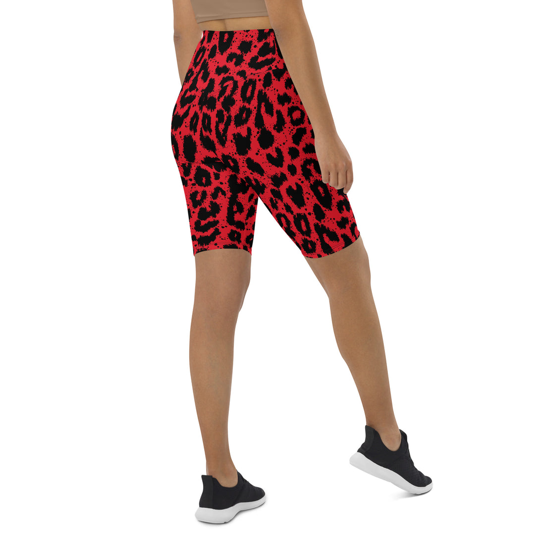 Bold red leopard print biker shorts with high waistband and back pocket