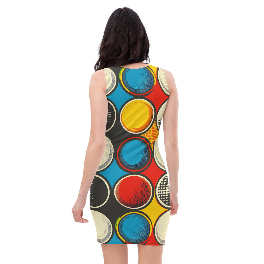 Bold polka dot bodycon dress featuring colorful dots on a fitted design.