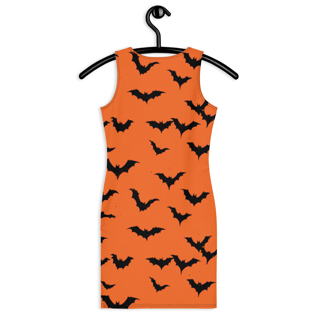 Chic orange bodycon dress with black bat print, perfect for Halloween celebrations.