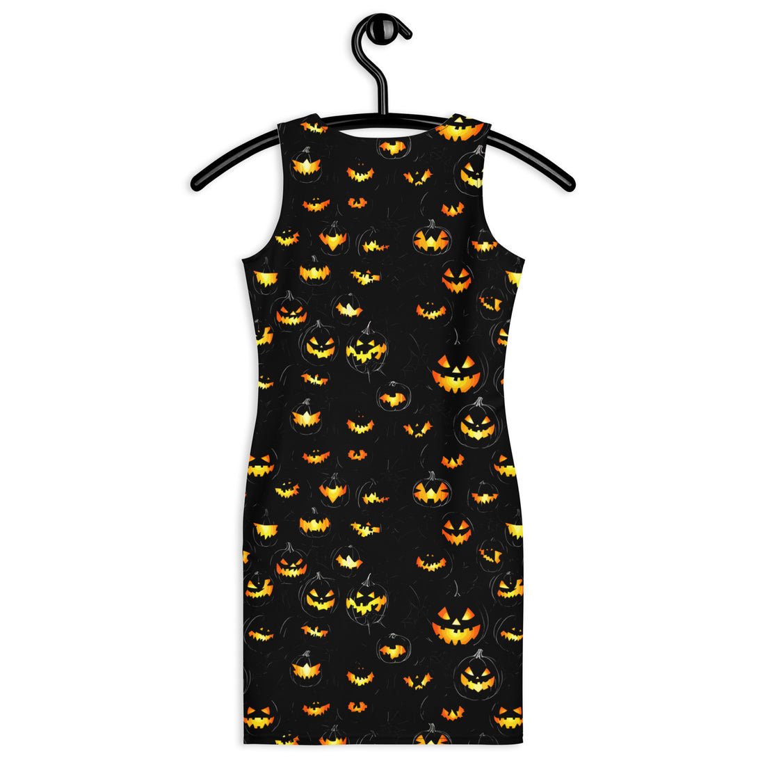 Spooktacular Bodycon Dress featuring a colorful Halloween-themed pumpkin and bat print on a black background.