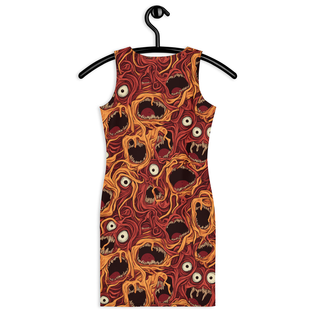 Model wearing a spooky glam bodycon dress with a vibrant, chaotic design featuring mouths and eyes in shades of orange and red.