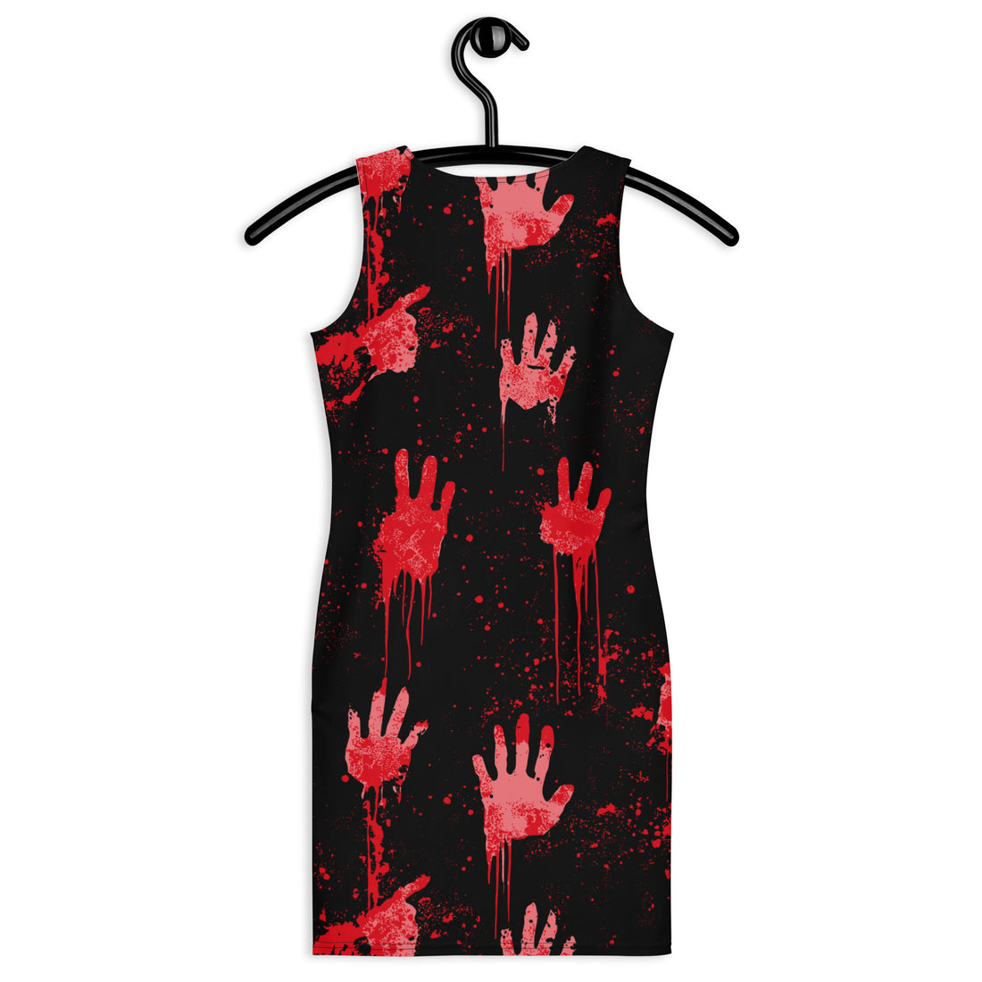 Woman wearing a black bodycon dress with red blood handprint design