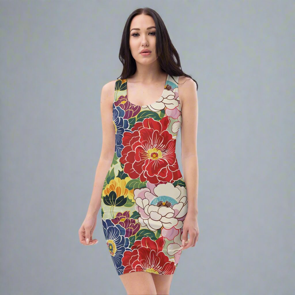 Model showcasing a vibrant floral bodycon dress featuring red, blue, and yellow peonies on a light background.