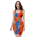 Floral bodycon dress featuring bold orange and blue floral patterns.