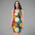 Bold polka dot bodycon dress featuring colorful dots on a fitted design.