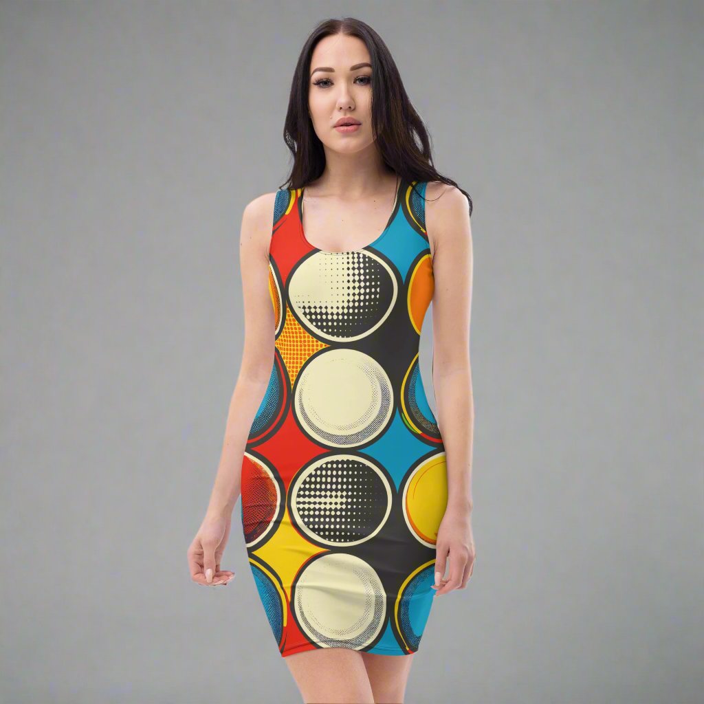 Bold polka dot bodycon dress featuring colorful dots on a fitted design.