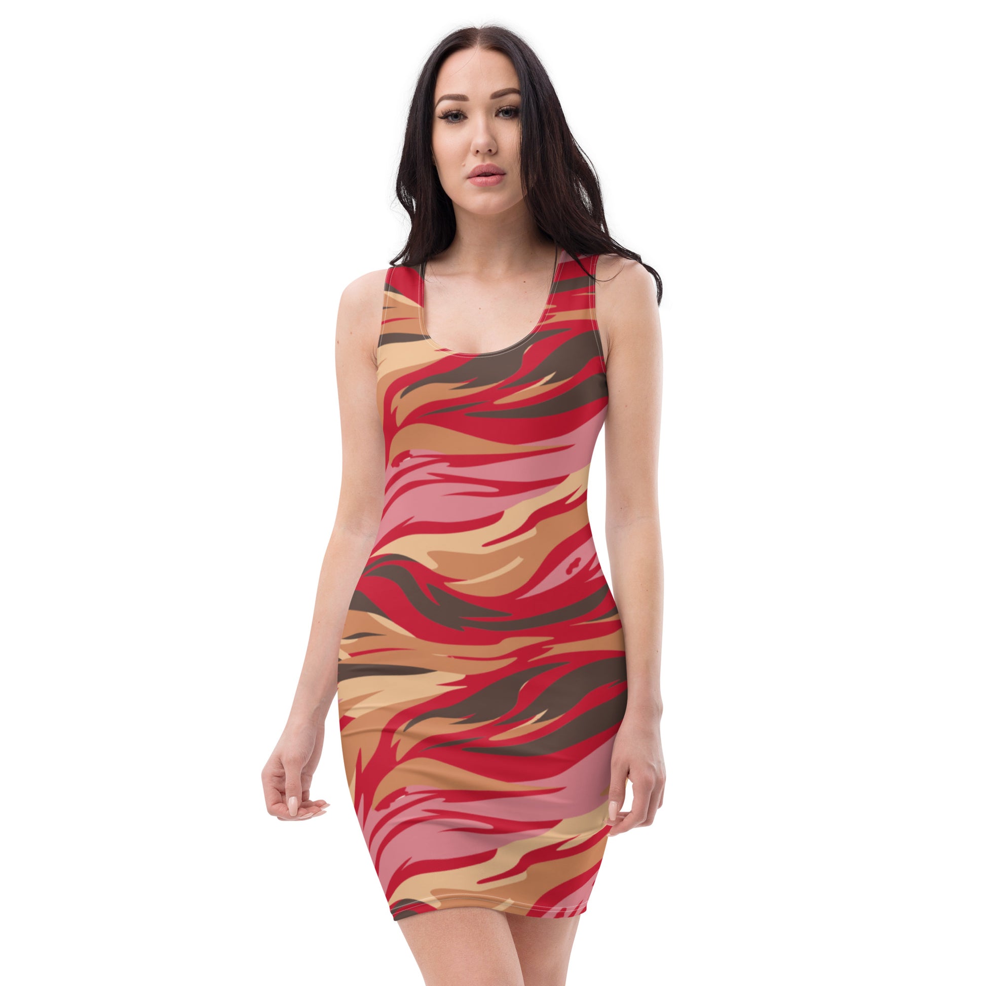 Fierce red tiger print bodycon dress featuring a fitted silhouette and vibrant colors for stylish occasions.