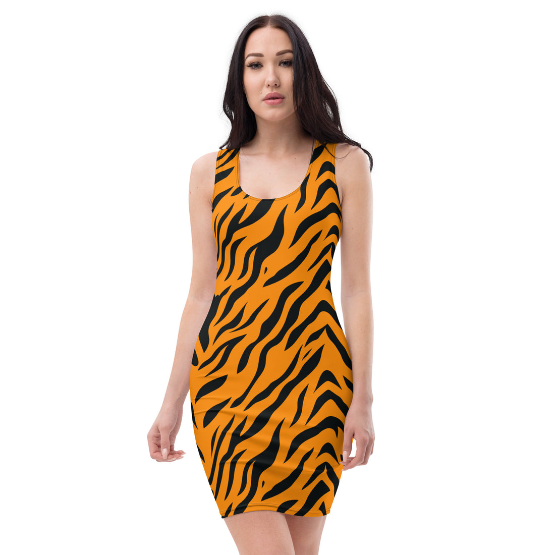 Orange and black tiger print bodycon dress, fitted style