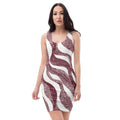 Chic bodycon dress with unique burgundy and ivory wave print design on a model.