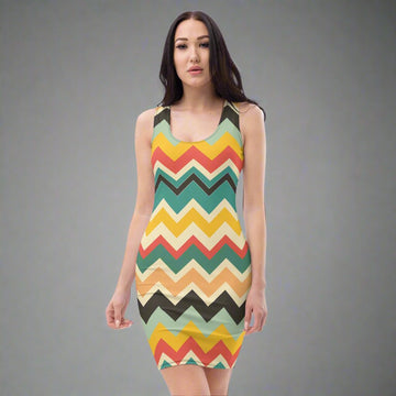 Colorful Chevron Bodycon Dress featuring a bold zigzag pattern in vibrant colors