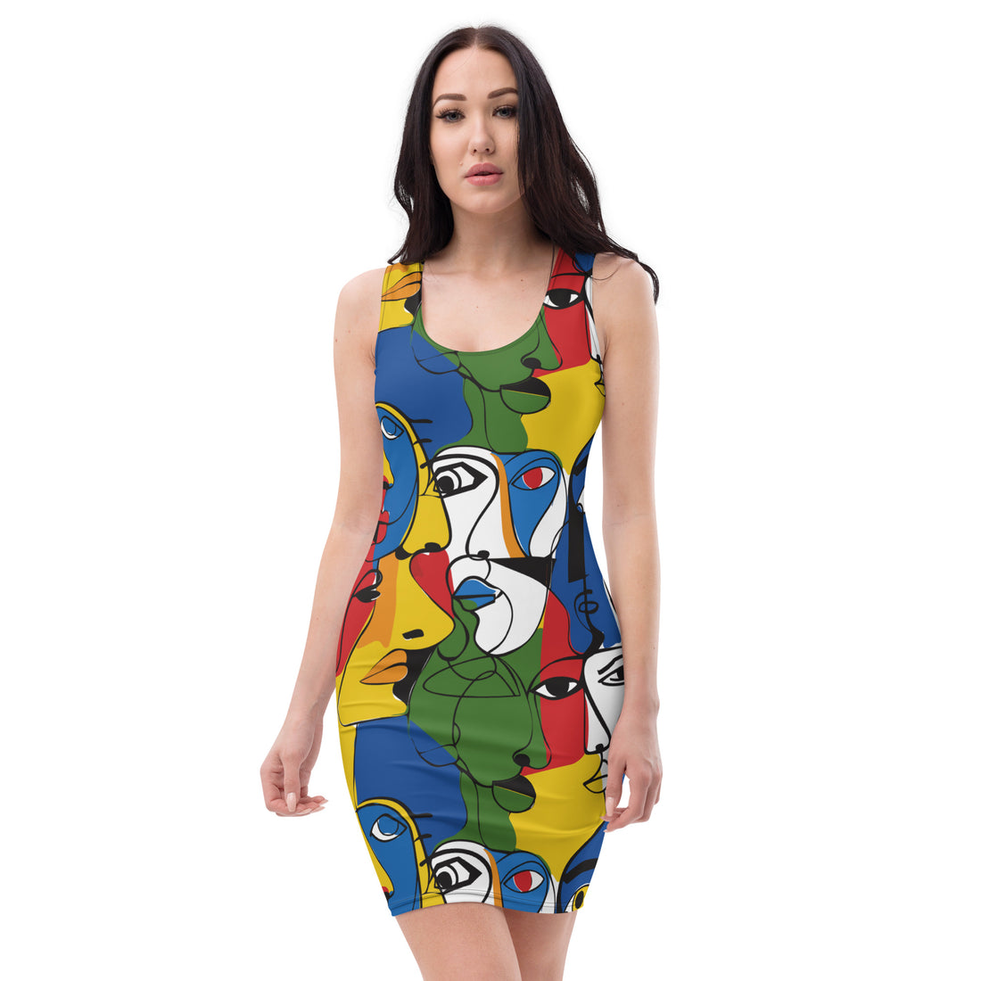 Vibrant bodycon dress with colorful abstract face print, perfect for stylish women.