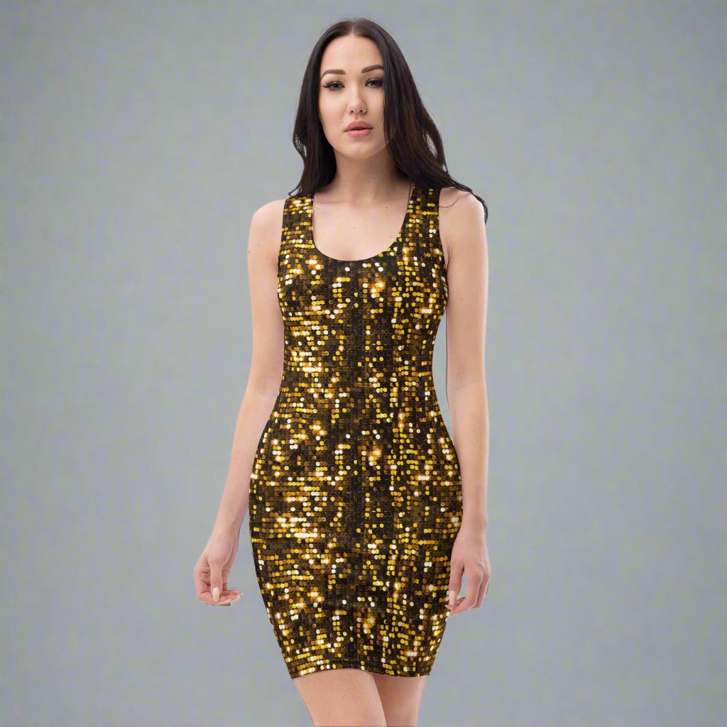 A woman wearing a glamorous sequin bodycon dress featuring a vibrant gold and black sequin design, ideal for parties.