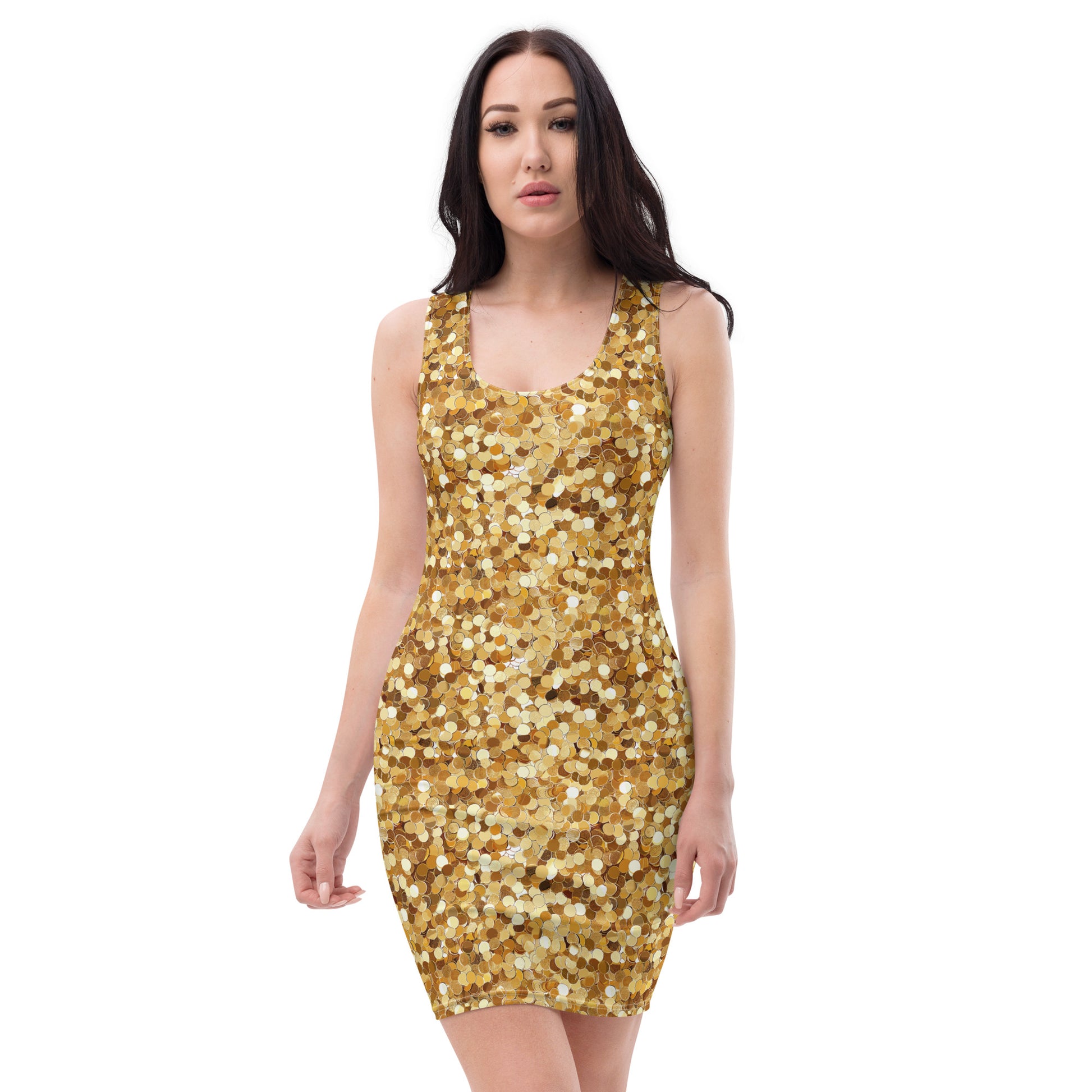 Gold bodycon dress with sequin print, designed with a fitted silhouette.