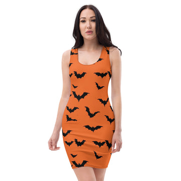 Chic orange bodycon dress with black bat print, perfect for Halloween celebrations.