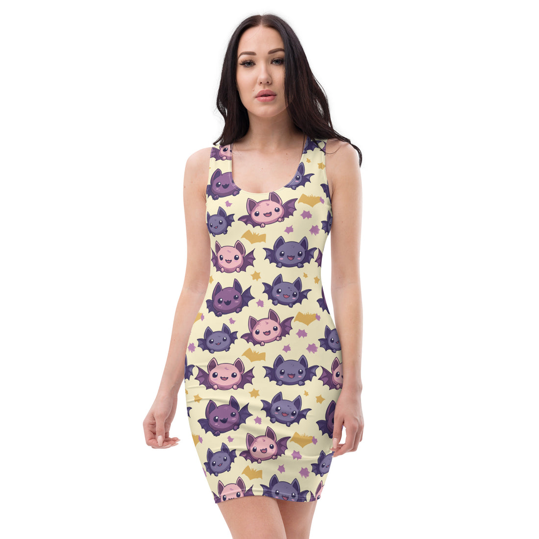 Women’s bodycon dress featuring a playful bat print in purple and pink against a soft yellow background.