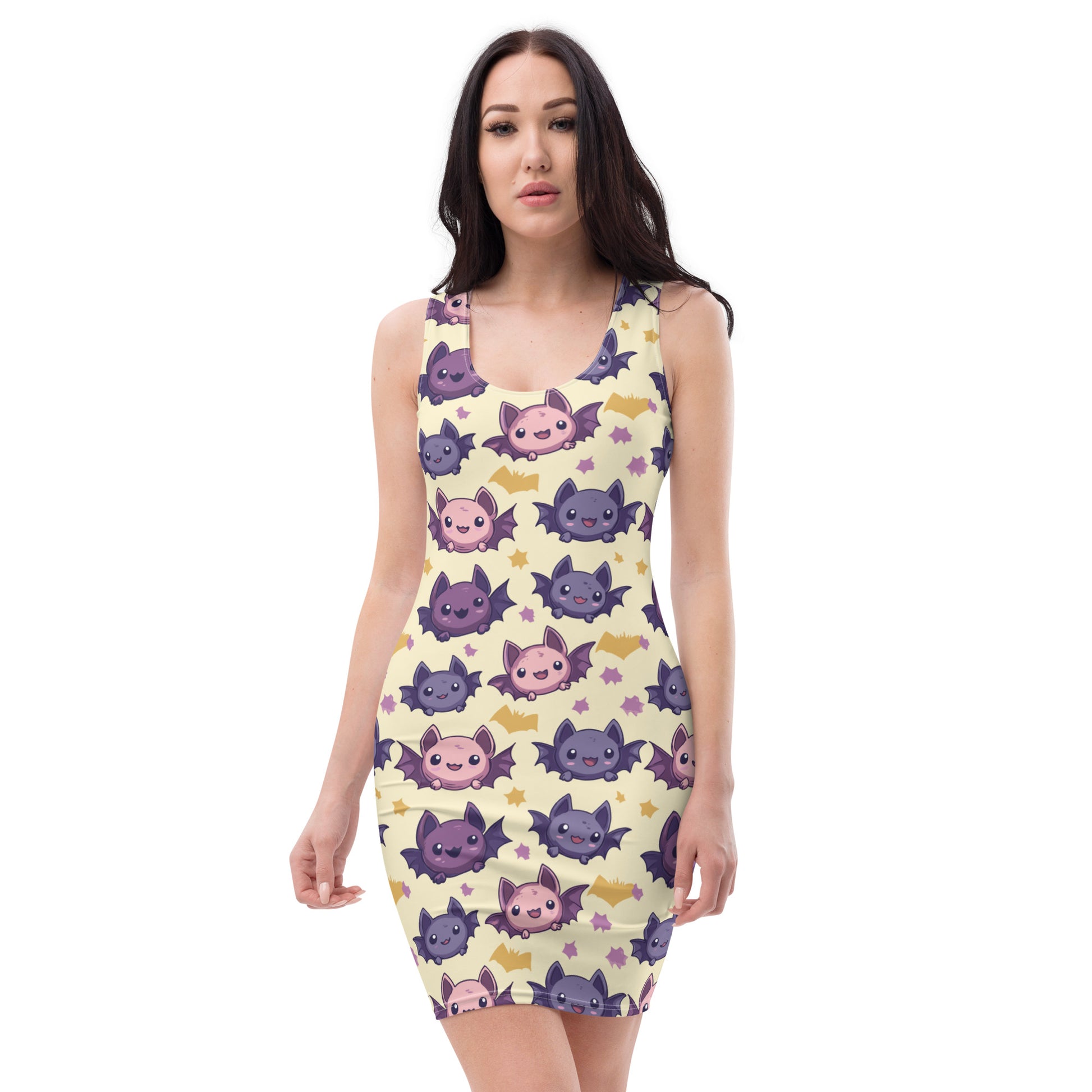 Women’s bodycon dress featuring a playful bat print in purple and pink against a soft yellow background.