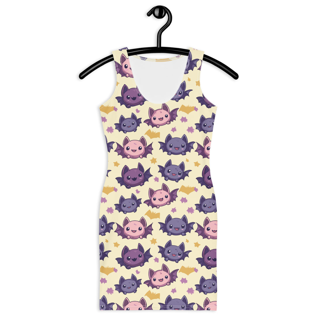 Women’s bodycon dress featuring a playful bat print in purple and pink against a soft yellow background.