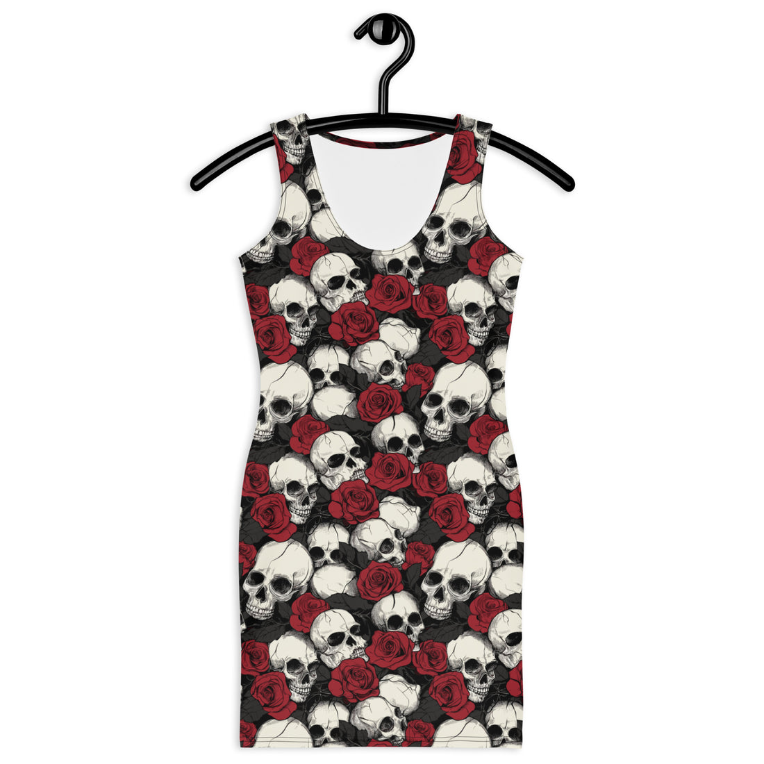 Bodycon dress featuring skull and rose design, ideal for Halloween.