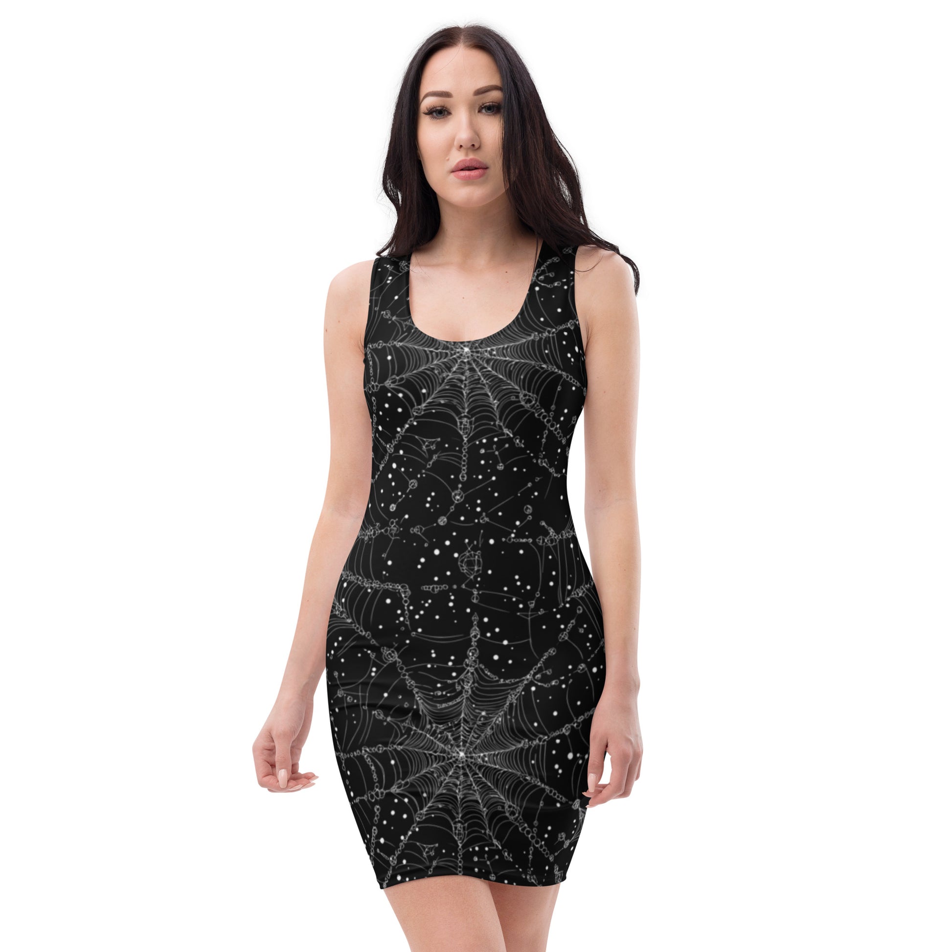 A black bodycon dress with a spooky spider web print, styled on a model.