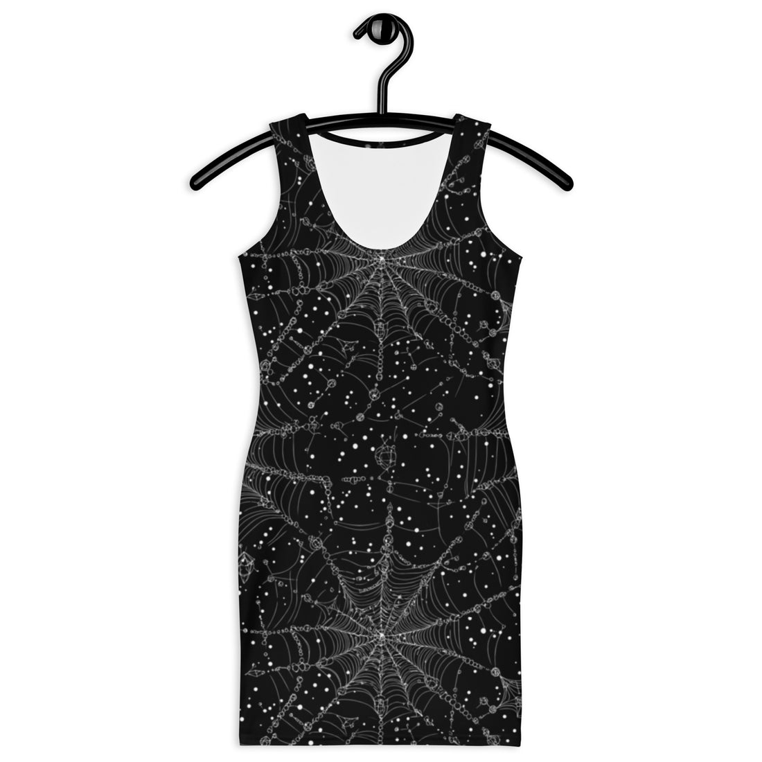 A black bodycon dress with a spooky spider web print, styled on a model.