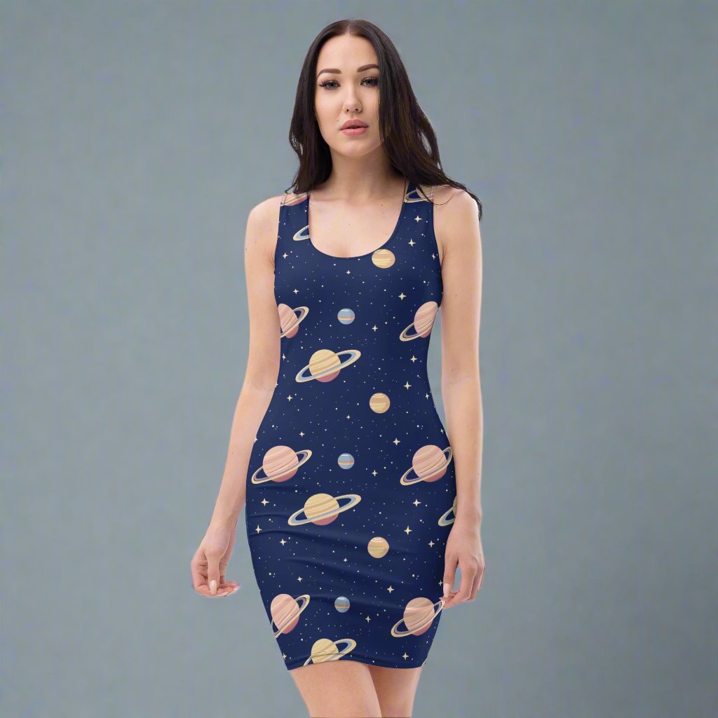 Celestial Bodycon Dress featuring planets on a navy background, designed for women.