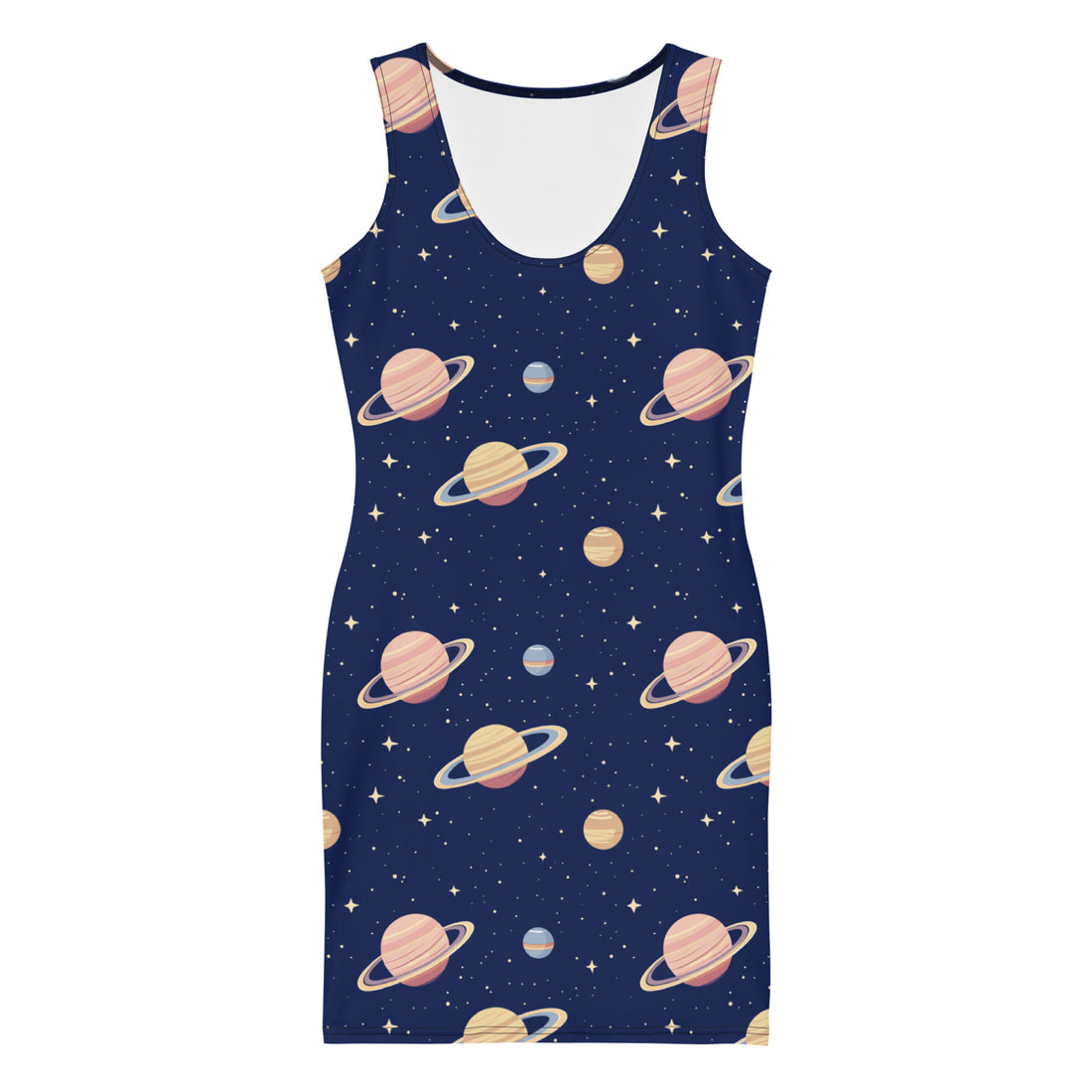 Celestial Bodycon Dress featuring planets on a navy background, designed for women.