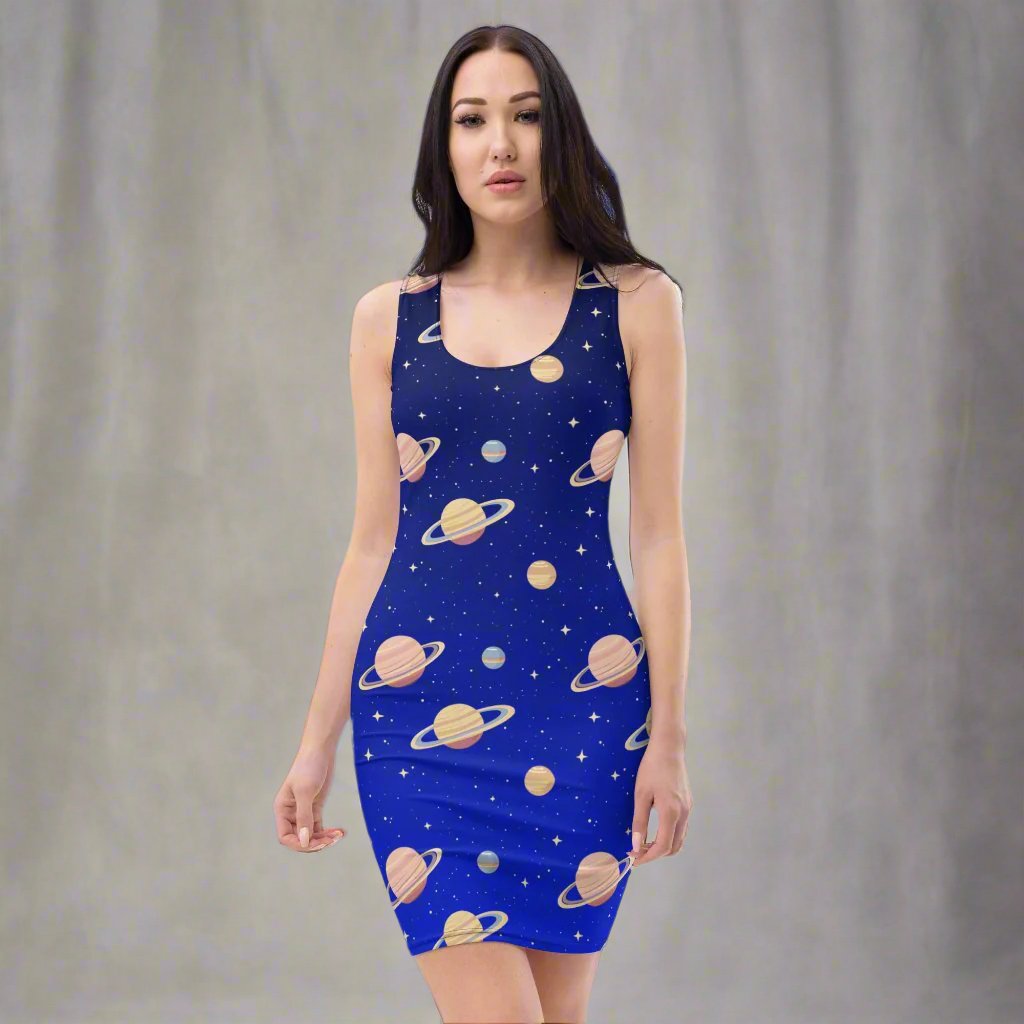 Celestial Gradient Bodycon Dress featuring Saturn and Stars print against a vibrant blue background.