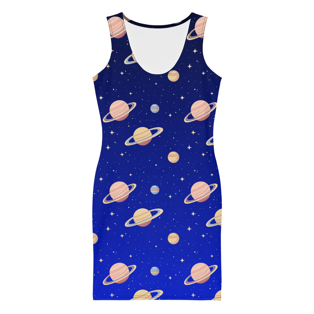 Celestial Gradient Bodycon Dress featuring Saturn and Stars print against a vibrant blue background.