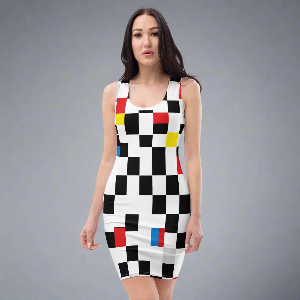 Woman wearing bodycon dress with bold black, red, yellow, and blue geometric color block design