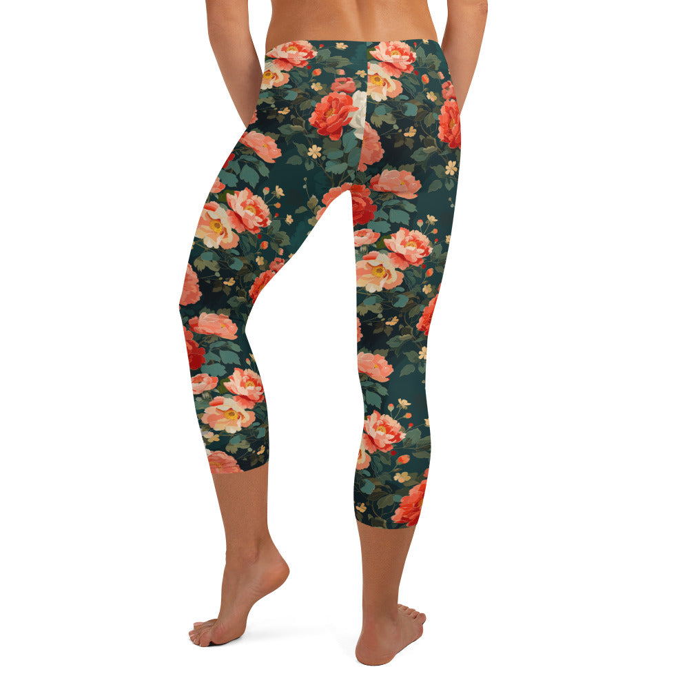 Floral Capri Leggings with vibrant red and pink roses on a deep green background, showcasing a stylish and comfortable winter fashion choice.