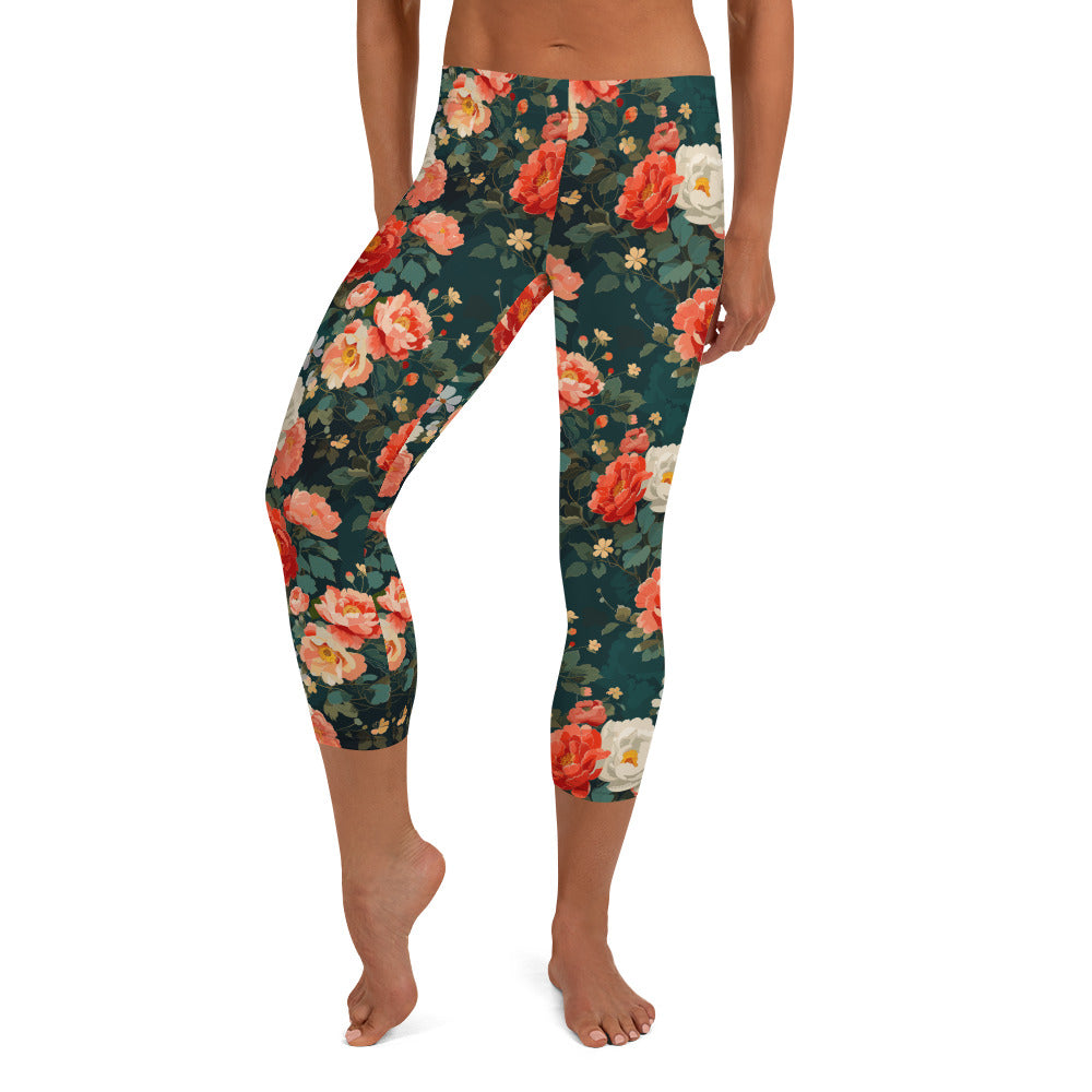 Floral Capri Leggings with vibrant red and pink roses on a deep green background, showcasing a stylish and comfortable winter fashion choice.