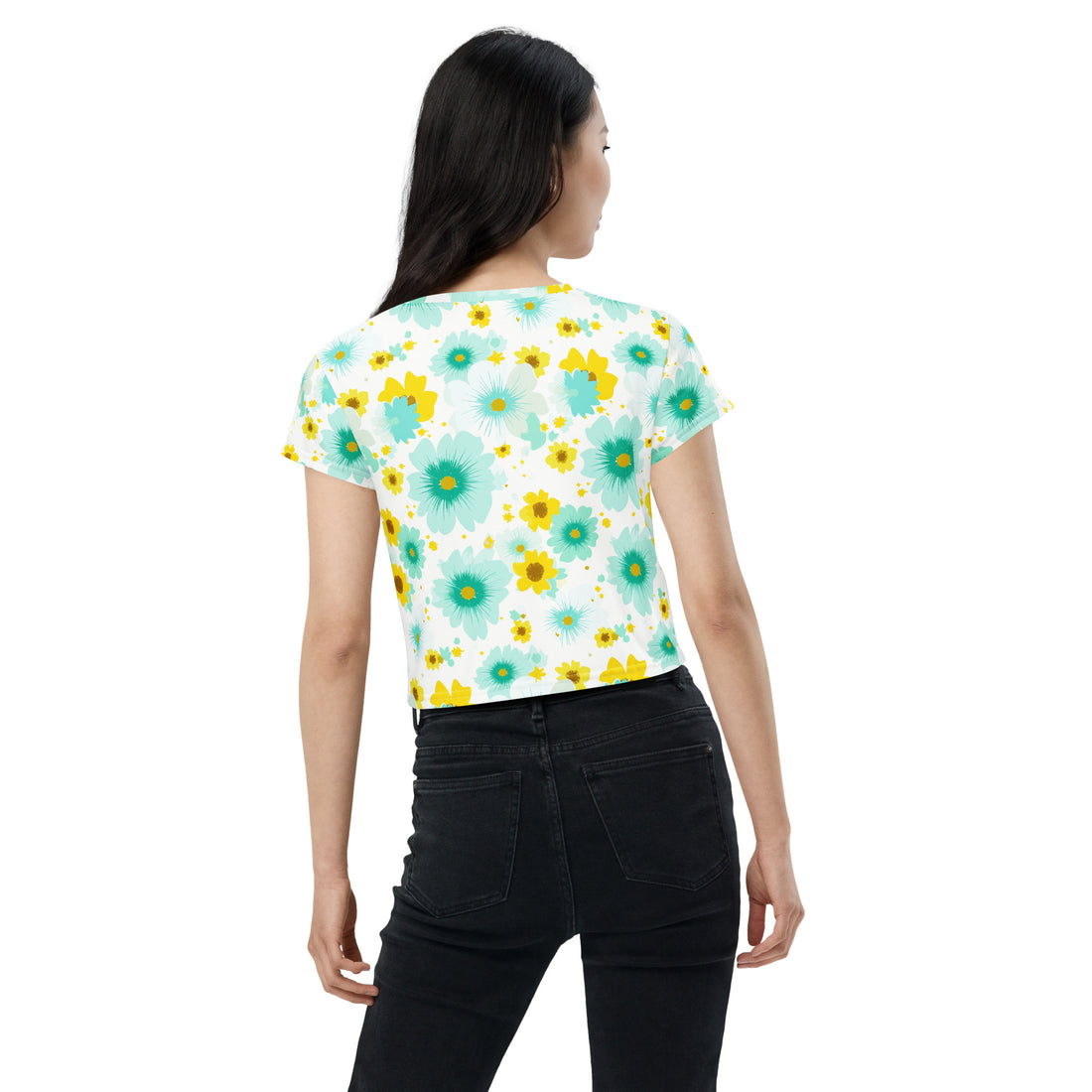 Floral Print Crop Tee in vibrant turquoise and yellow colors with a model wearing it.