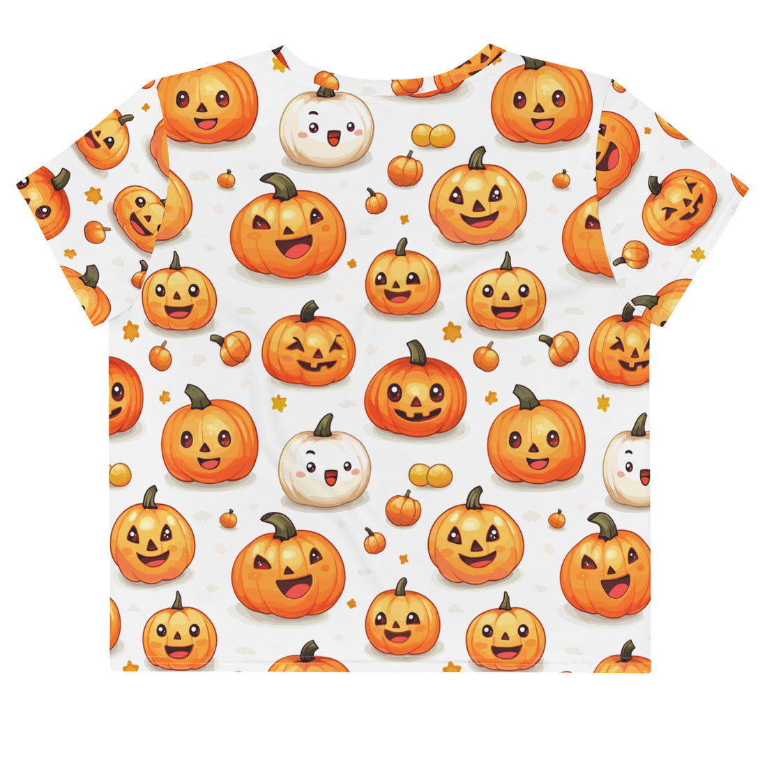 A cropped tee with an all-over print of playful pumpkins and ghosts, designed for women, featuring vibrant colors.